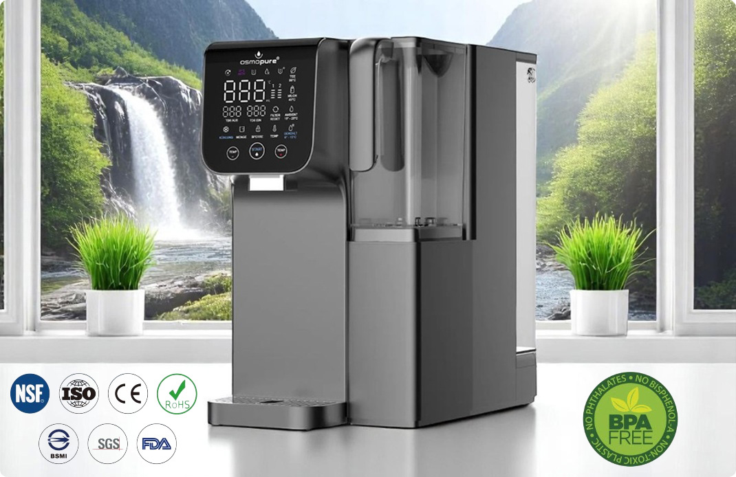 Testsieger Auftisch-Osmoseanlage ohne Wasseranschluss als kompaktes Tischgerät für Ihre Küche, Büro oder auch beim Camping im Wohnmobil und Wohnwagen. Ausgezeichnet zum Produkt des Jahres 2026