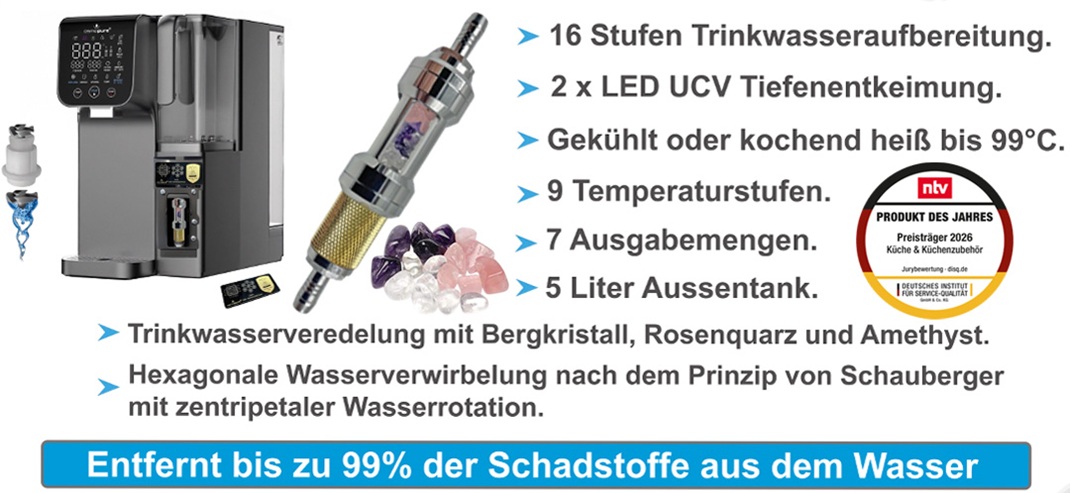 Auftisch-Osmoseanlage, Tischgerät Osmopure SMT 7000 MEDIVITAL mit digitalem Touchscreen und integrierter Vitalpure Trinkwasserveredelung. Sichtbar im System sind echte Edelsteine – Bergkristall, Amethyst und Rosenquarz – zur biologischen Energetisierung von reinem Umkehrosmosewasser.