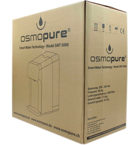 Verpackung der Osmopure SMT5000 Auftisch Osmoseanlage, Umkehrosmoseanlage Tischgerät